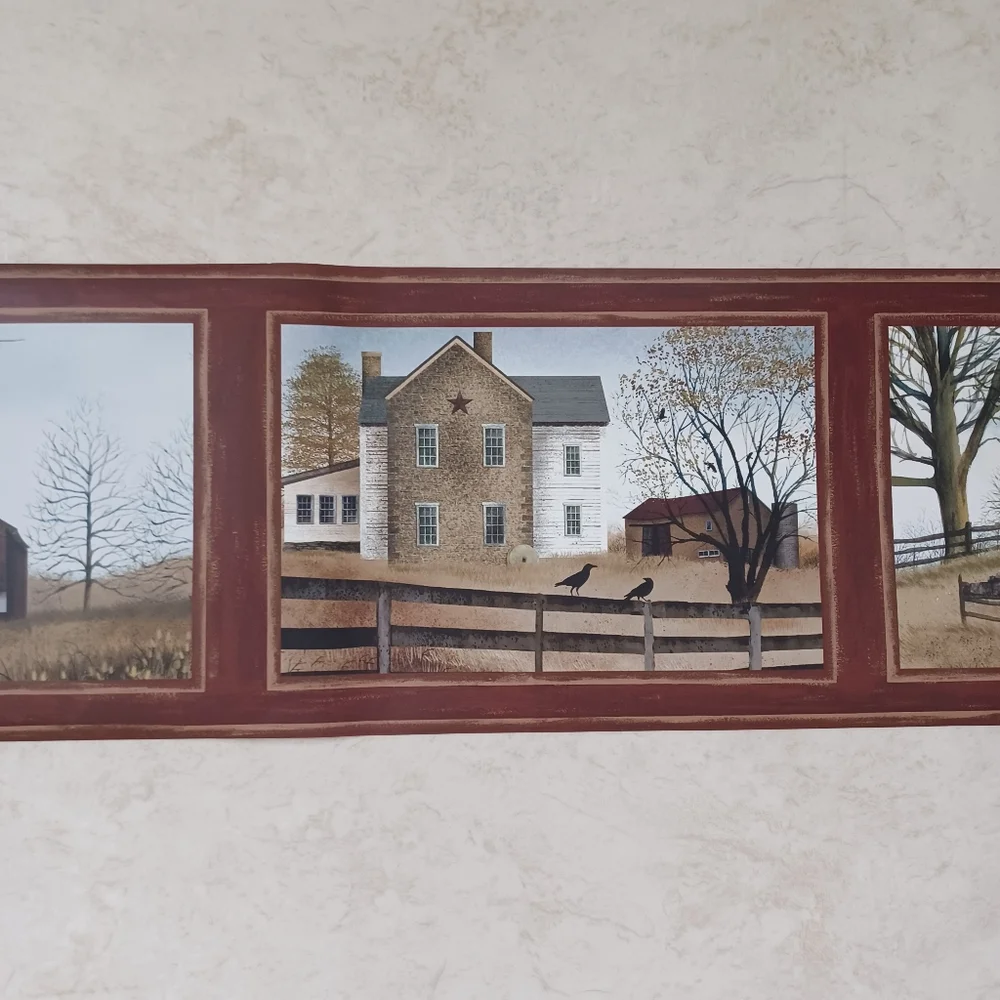 Wallpaper Border Country Farmhouse & Barn Scenes - Red